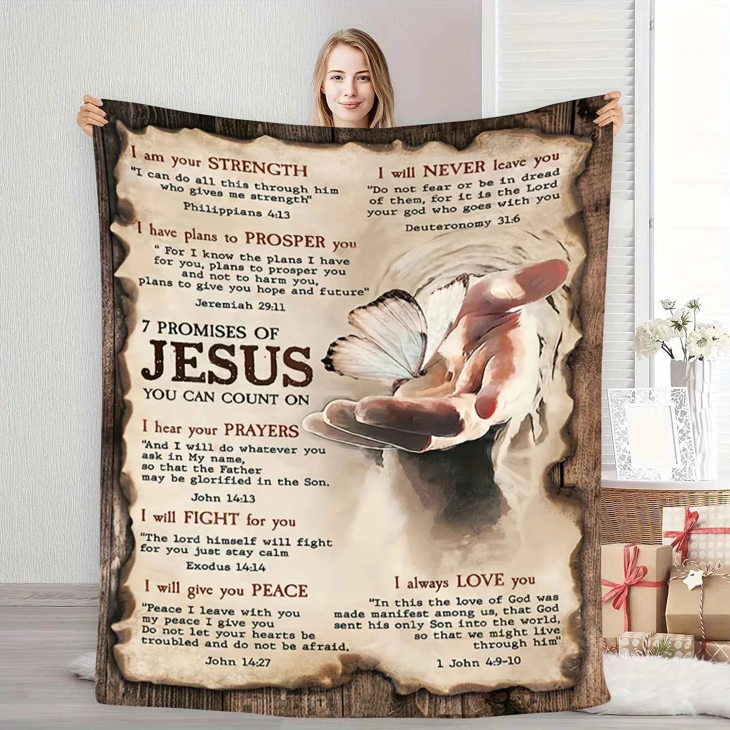 Vintage Jesus Butterfly Flannel Throw Soft Warm Cozy with Inspirational Quotes Perfect for Napping Camping Travel