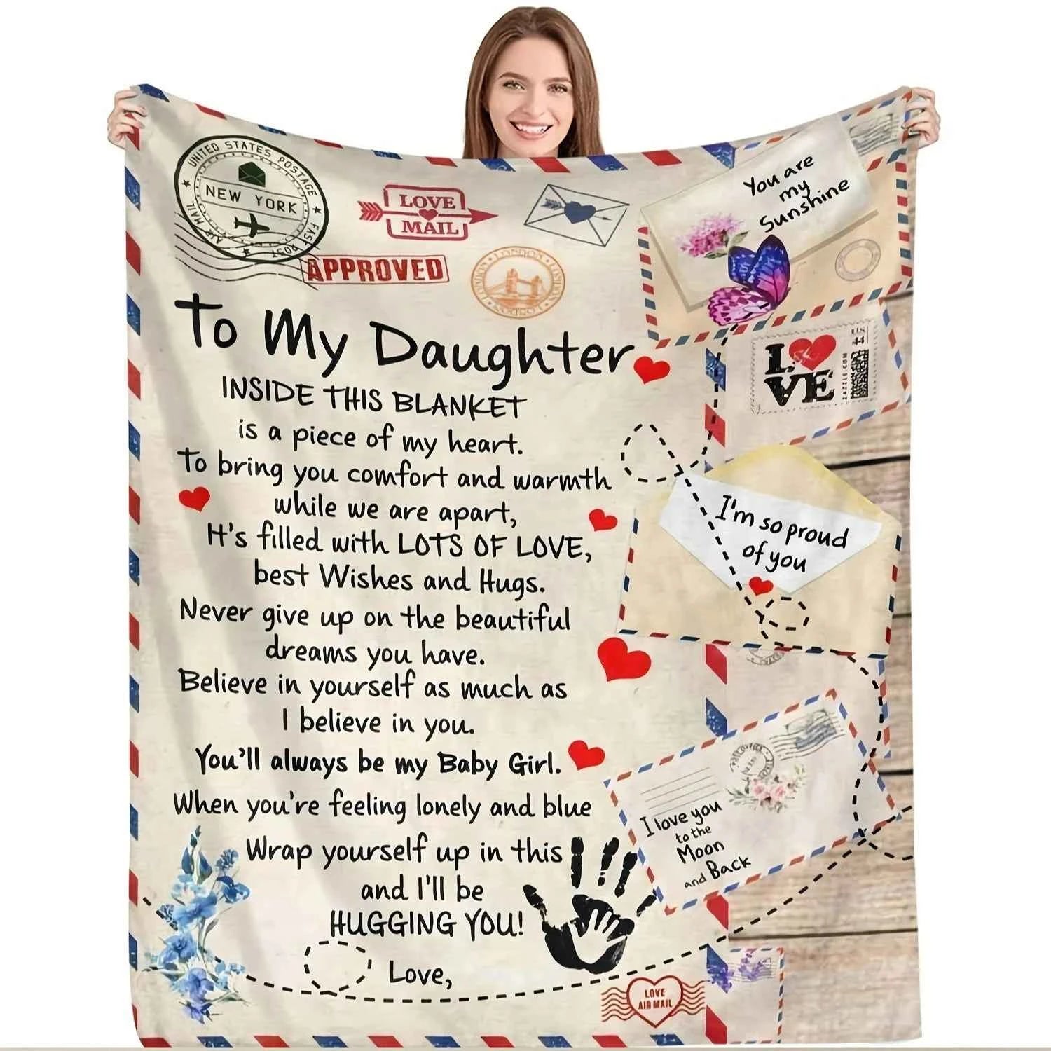 To My Daughter Gift Flannel Blanket, Soft All-Season with Mother-Daughter Letter Print & Heartfelt Messages