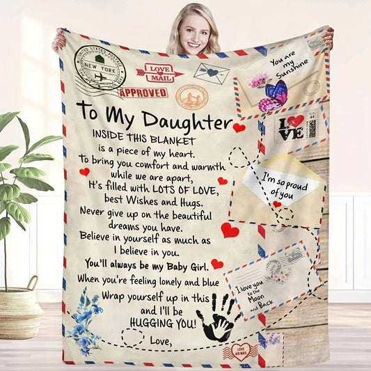 To My Daughter Gift Flannel Blanket, Soft All-Season with Mother-Daughter Letter Print & Heartfelt Messages